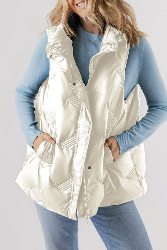 White Quilted High Neck Zip Up Jacket Vest