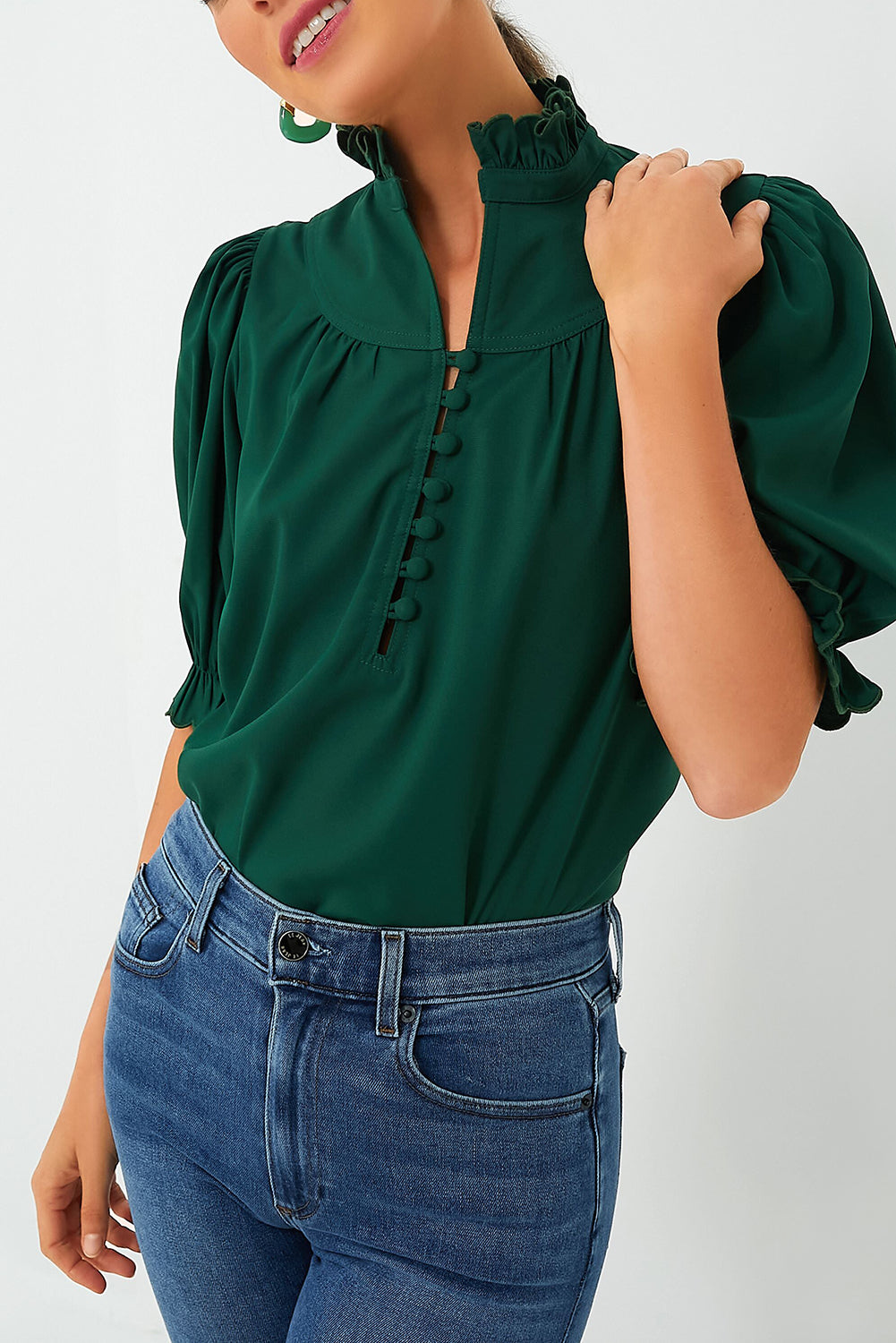 Blackish Green Solid Puff Sleeve Frilled Trim Elegant Blouse