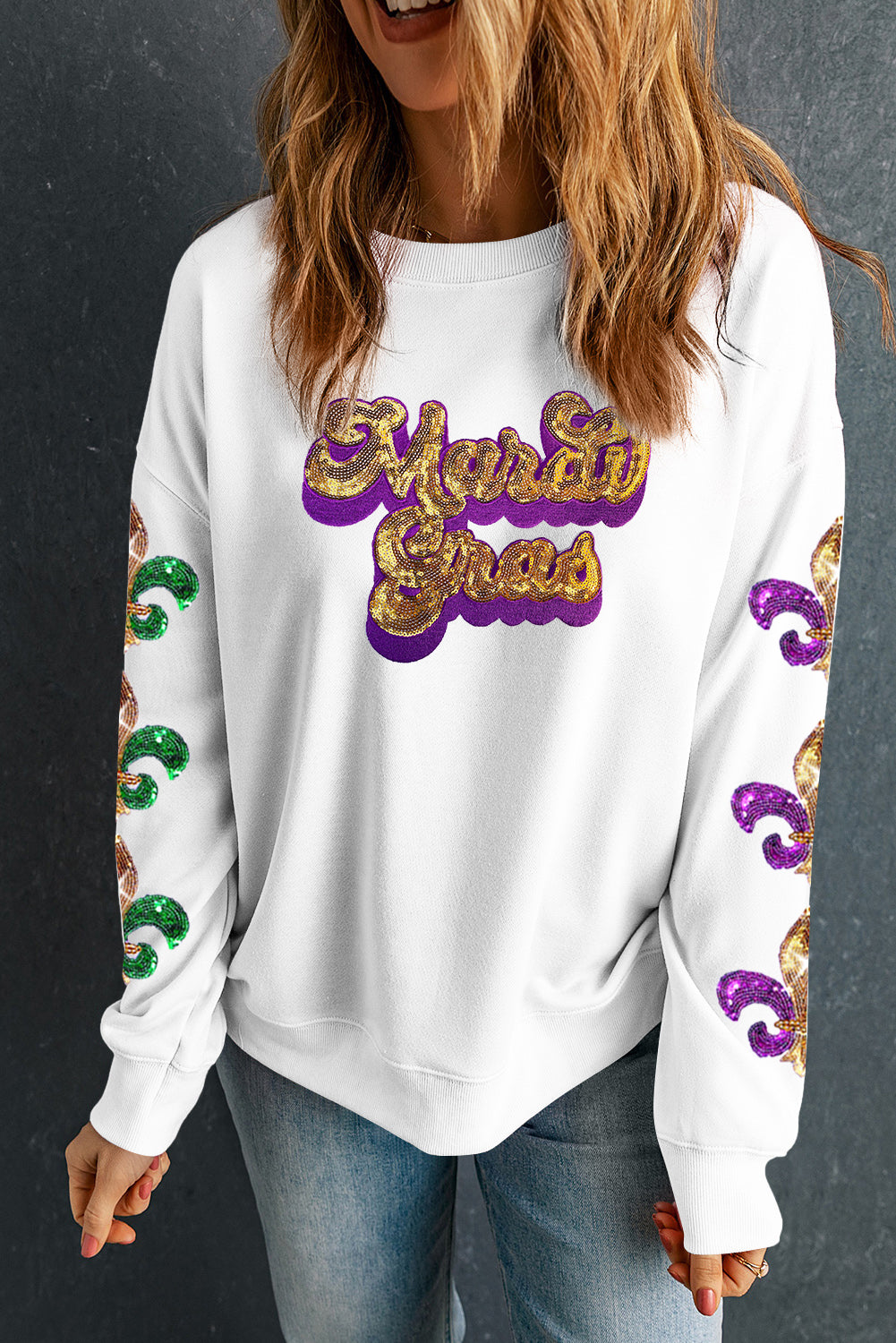 Beige Sequin Mardi Gras Patched Pattern Fleur de Lis Sleeve Sweatshirt