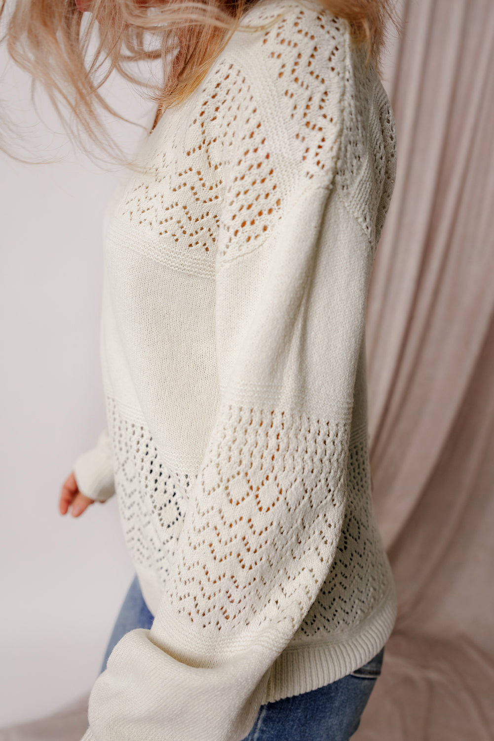 Black Eyelet Pattern Detail V Neck Drop Shoulder Sweater