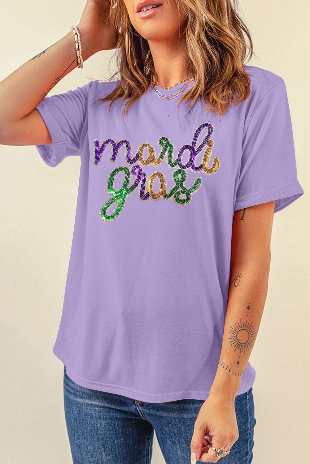 White Sequin mardi gras Graphic T Shirt