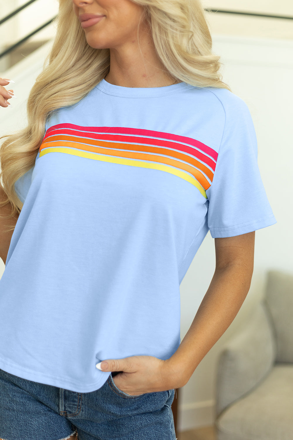 Black Striped Patch Front Casual Tee