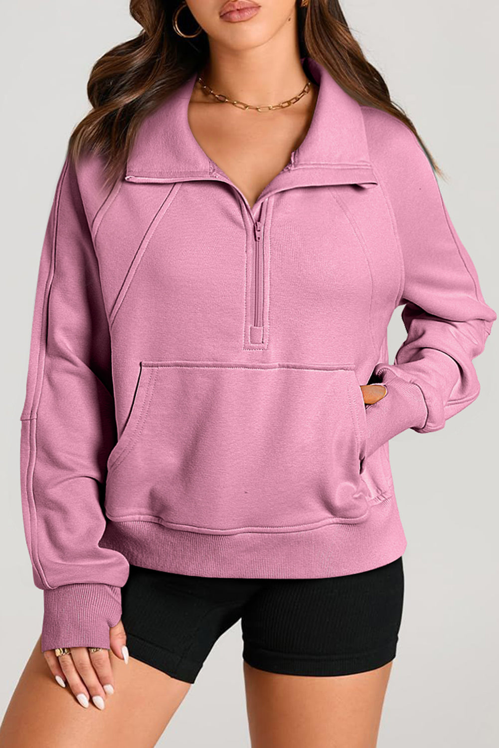 Black Quarter Zip Stand Neck Kangaroo Pocket Sweatshirt