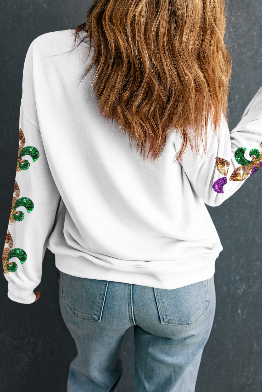 Beige Sequin Mardi Gras Patched Pattern Fleur de Lis Sleeve Sweatshirt