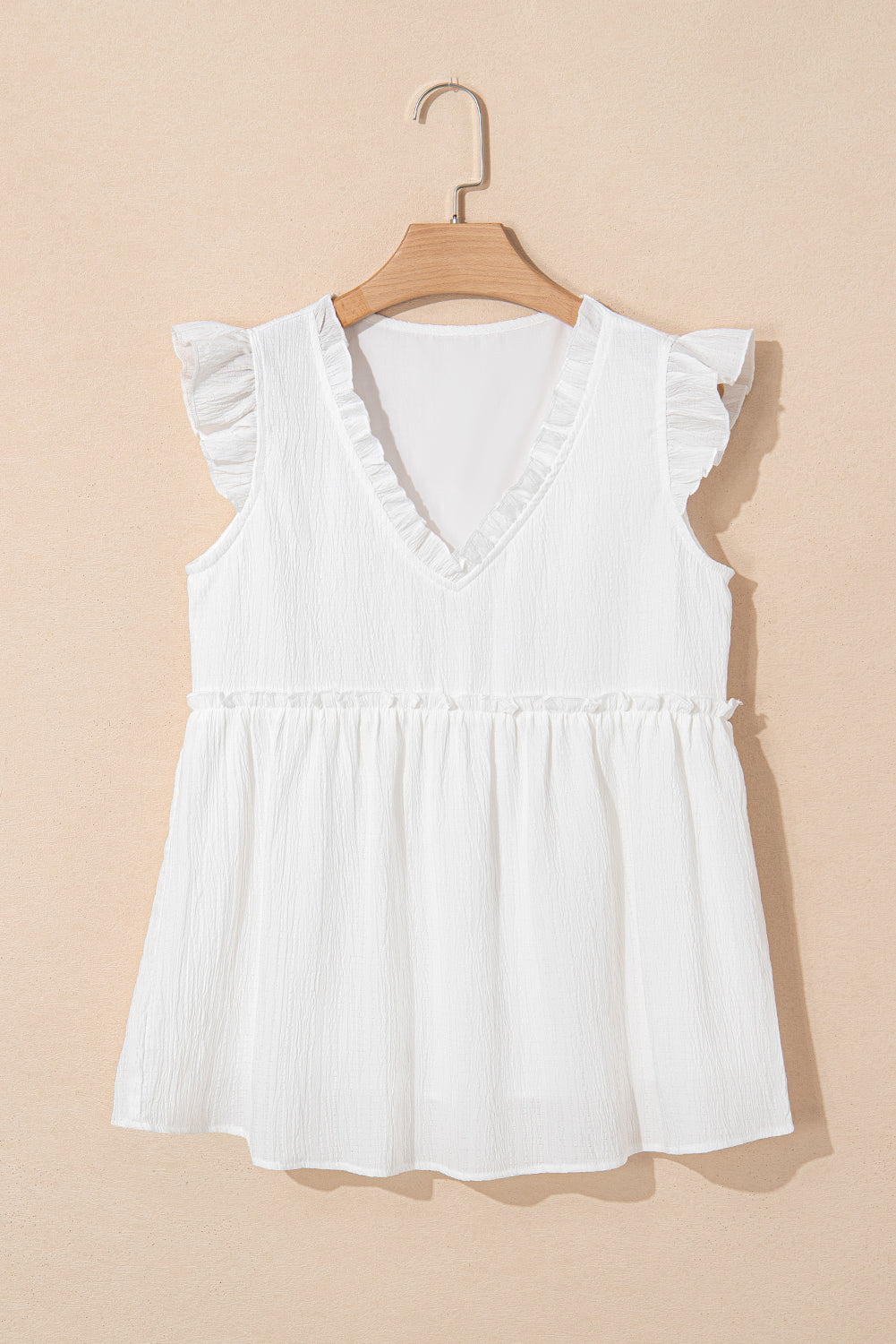 White Textured Ruffled Trim V Neck Flutter Flowy Top