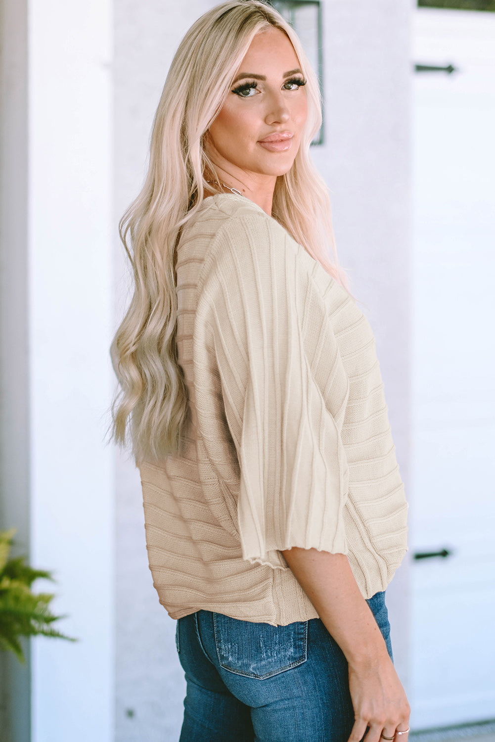 Brown Exposed Seam Ribbed Knit Dolman Top