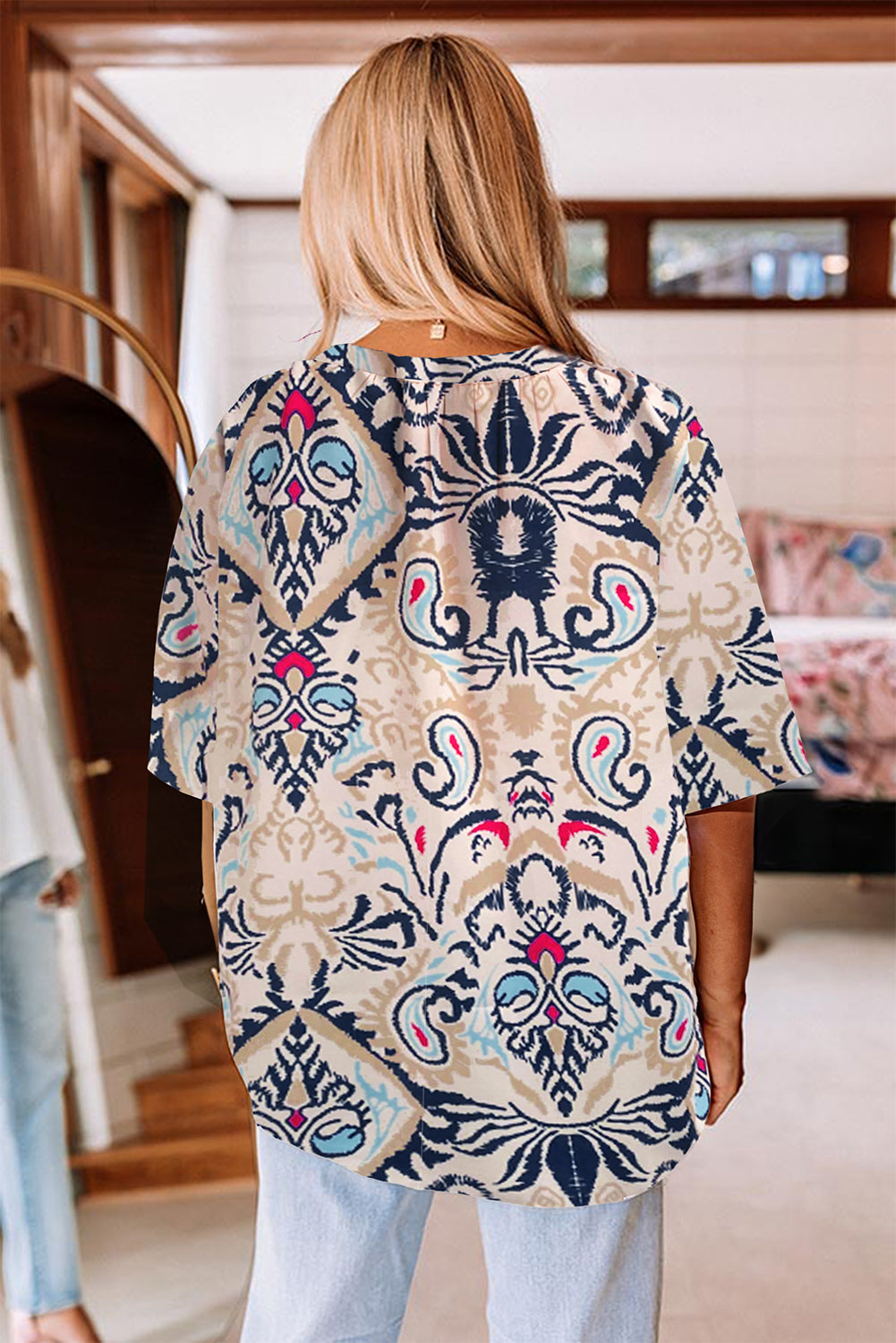 White Abstract Printed Notched V Neck Split Half Sleeve Blouse