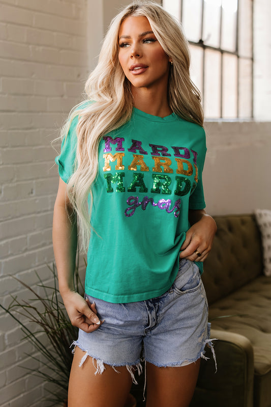 Sea Green Sequin Mardi Gras Letter Graphic T Shirt