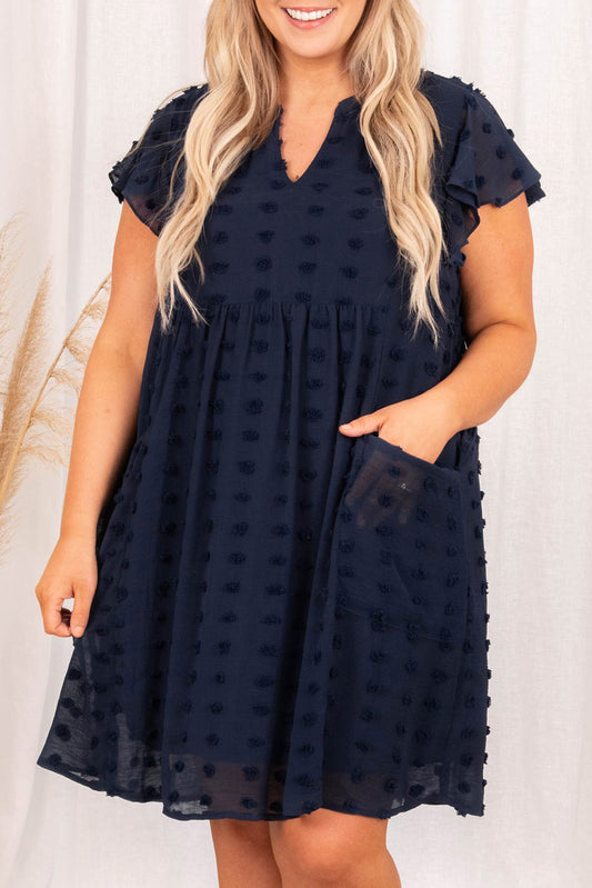 Navy Blue Dotty Textured Notched Neck Plus Ruffled Dress