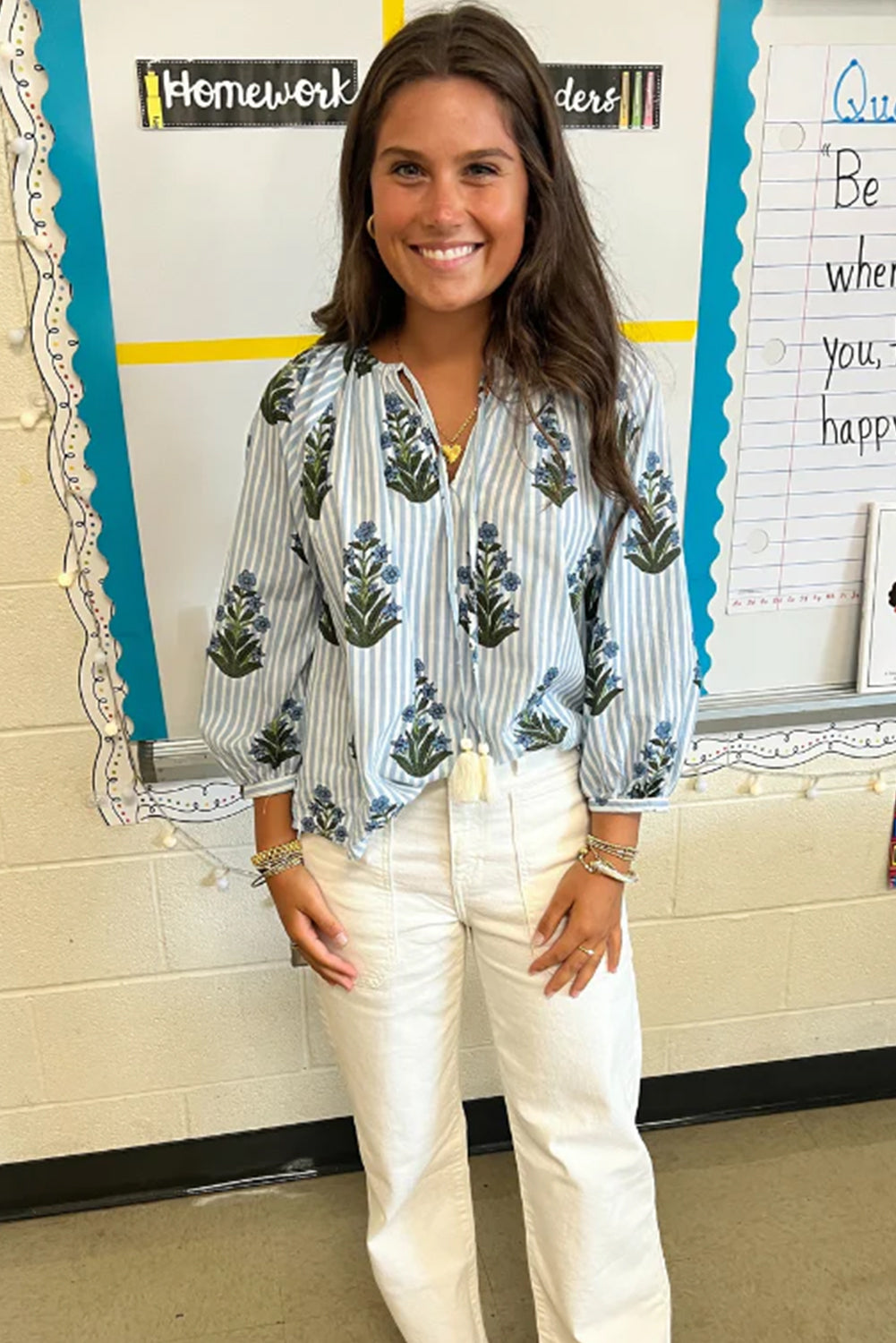 Beau Blue Striped Floral Printed Long Sleeve Tied V Neck Blouse