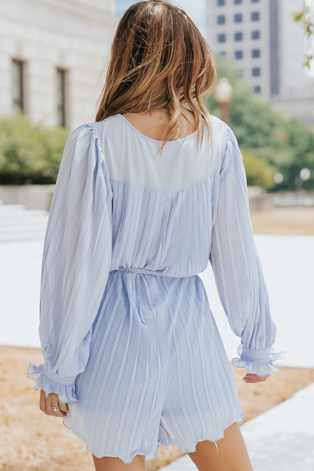 Sky Blue Pleated Ruffled Tie Waist Buttons V Neck Romper