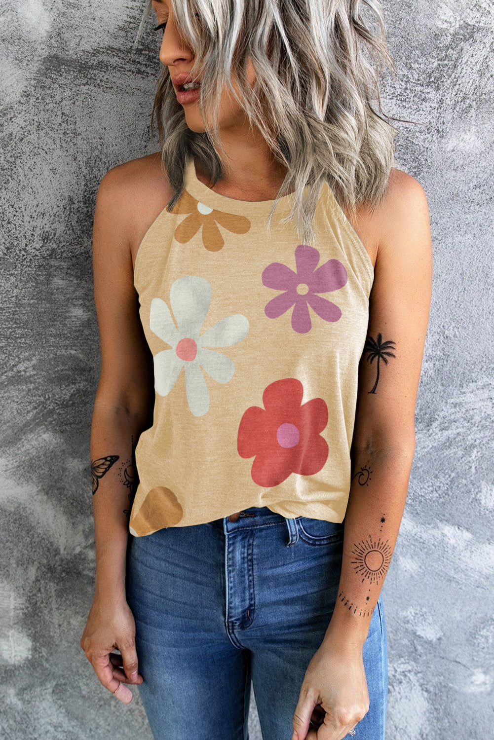 Khaki Flower Print Round Neck Tank