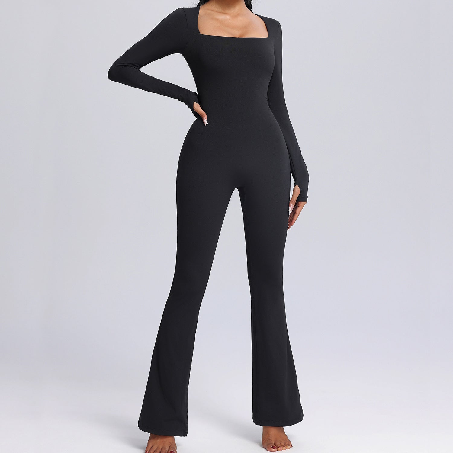 Square Neck Long-sleeved Yoga Flared Pants Breathable Jumpsuit