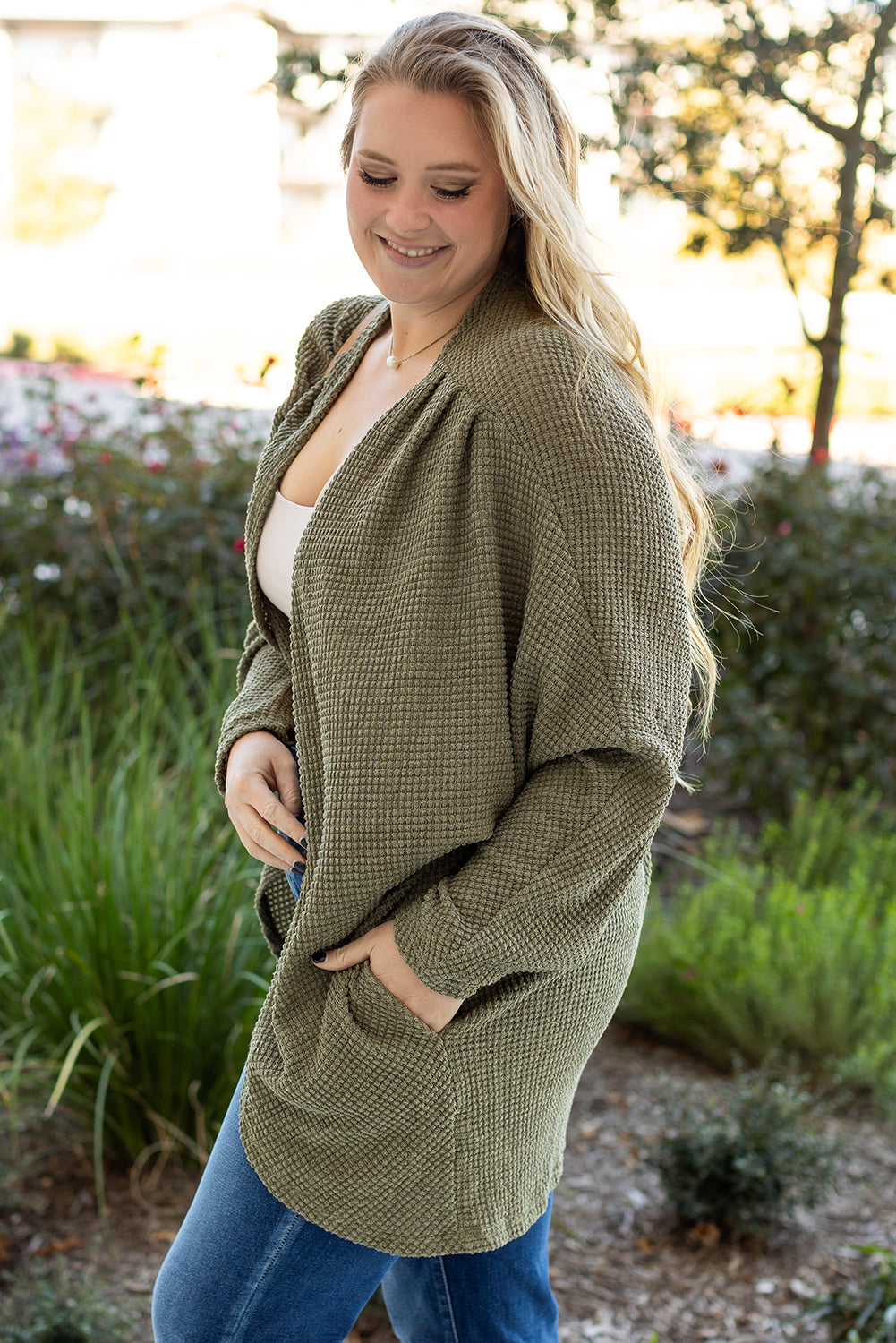 Seagrass Waffle Knit Drop Shoulder Open Front Pocketed Plus Size Cardigan