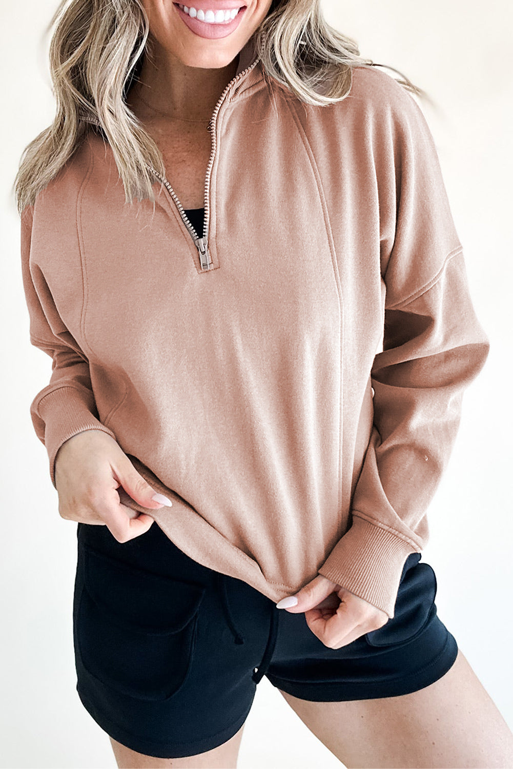 Black Zipped Neck Pullover Drop Shoulder Sweatshirt