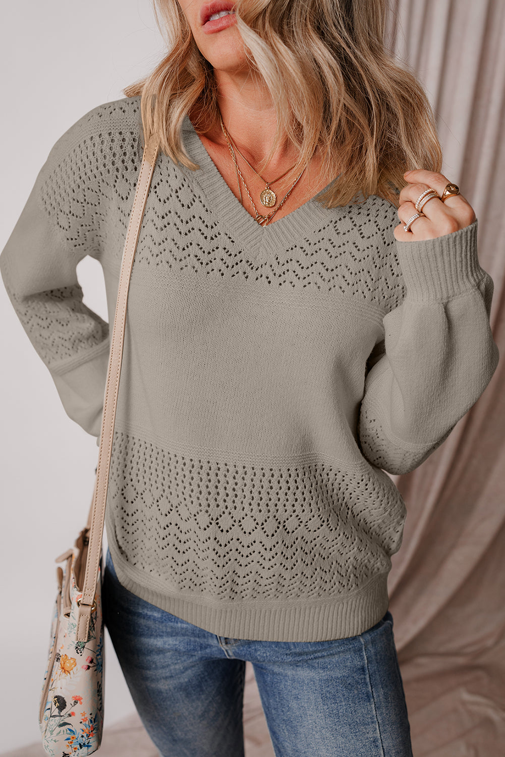 Black Eyelet Pattern Detail V Neck Drop Shoulder Sweater