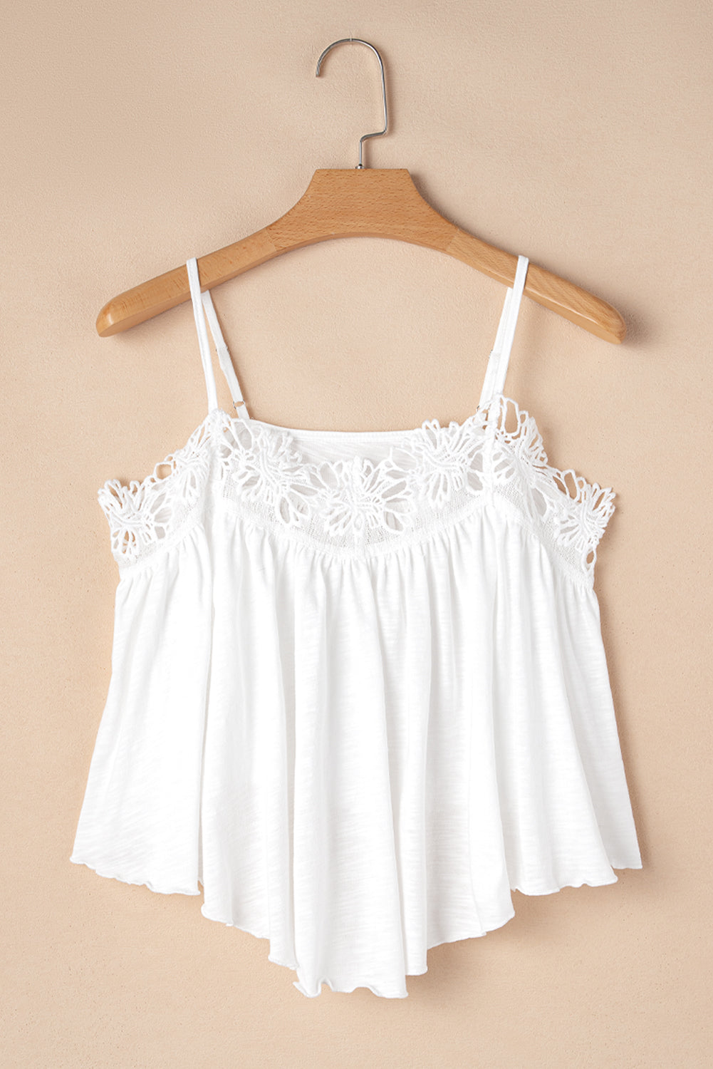 White Lace Splicing Spaghetti Straps Ruffle Flared Tank Top