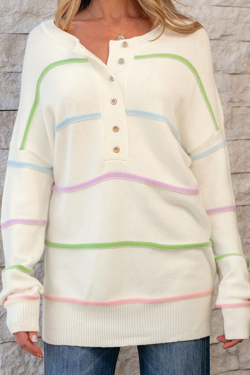 Pink Rainbow Stripes Drop Shoulder Baggy Henley Sweater