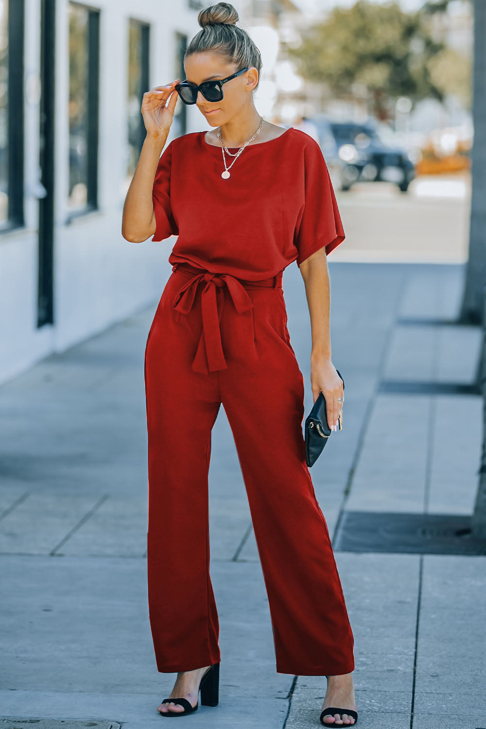 Blue Belted Wide Leg Jumpsuit