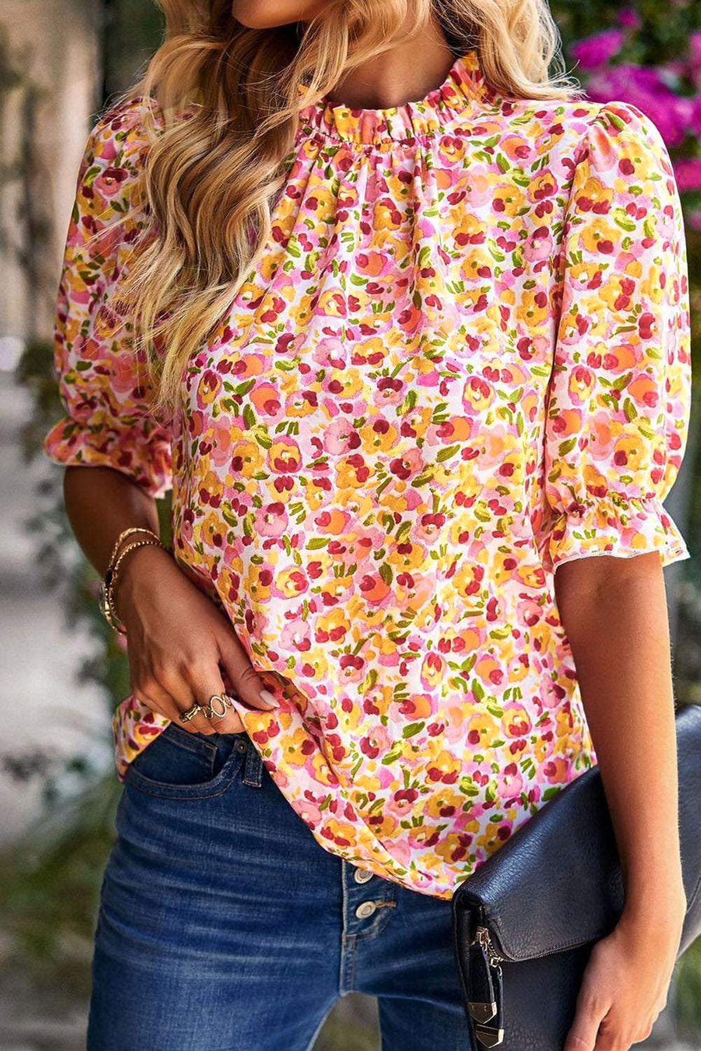 Yellow Boho Floral Ruffle Short Sleeve Frill Mock Neck Blouse