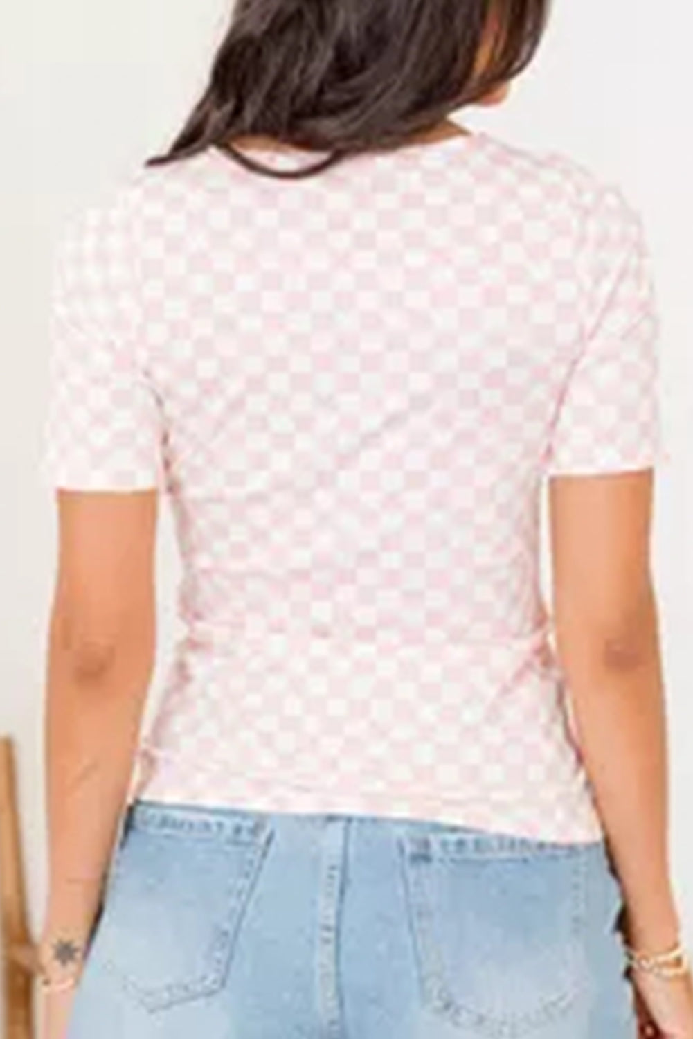 Pink Checkered Ribbed Slim Fit Crew Neck T Shirt