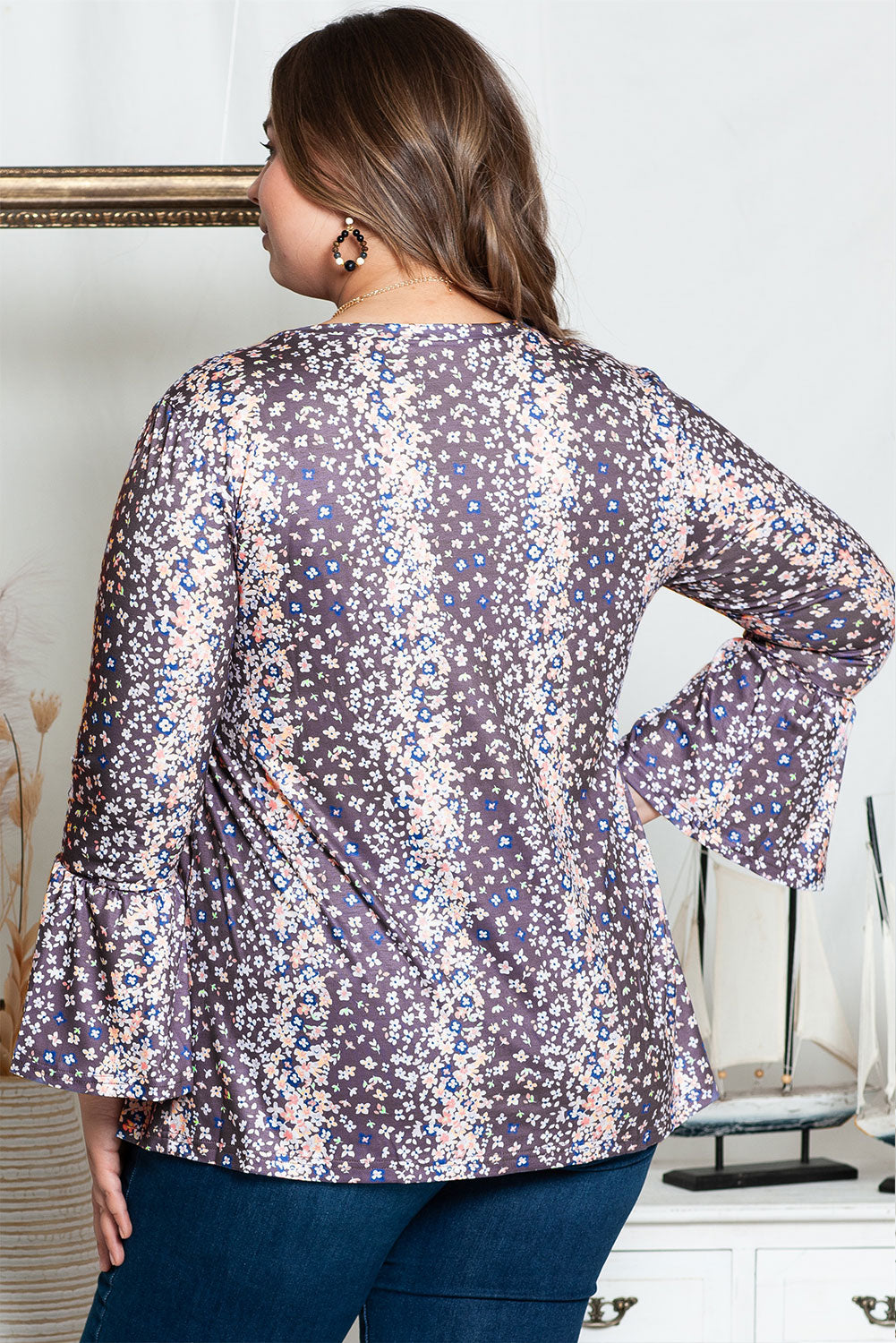 Purple Floral Print Round Neck Plus Size Babydoll Blouse