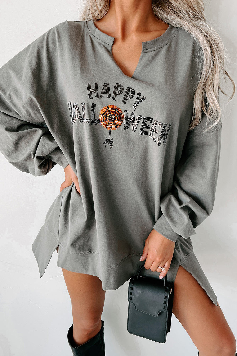 Chestnut Sequin Happy Halloween Graphic Notched Neck Long Sleeve Loose Top