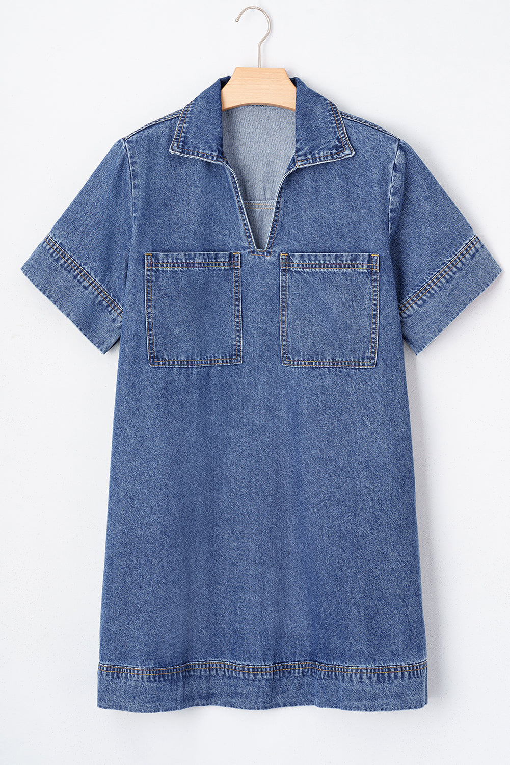 Beau Blue Short Sleeve Collared Patched Pocket Denim Mini Dress