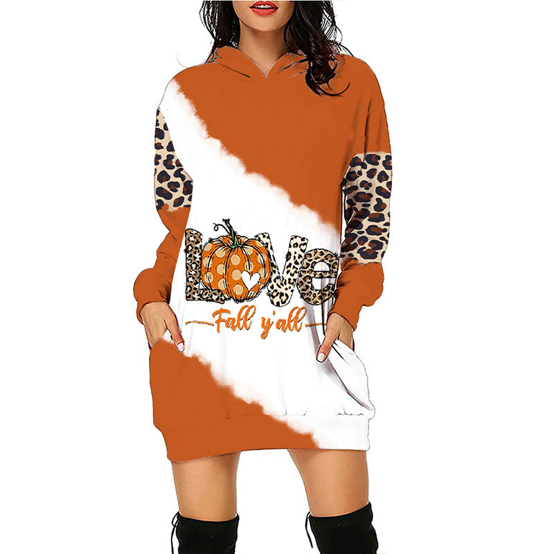 Women Halloween Pumpkin Print Hoodie Dress