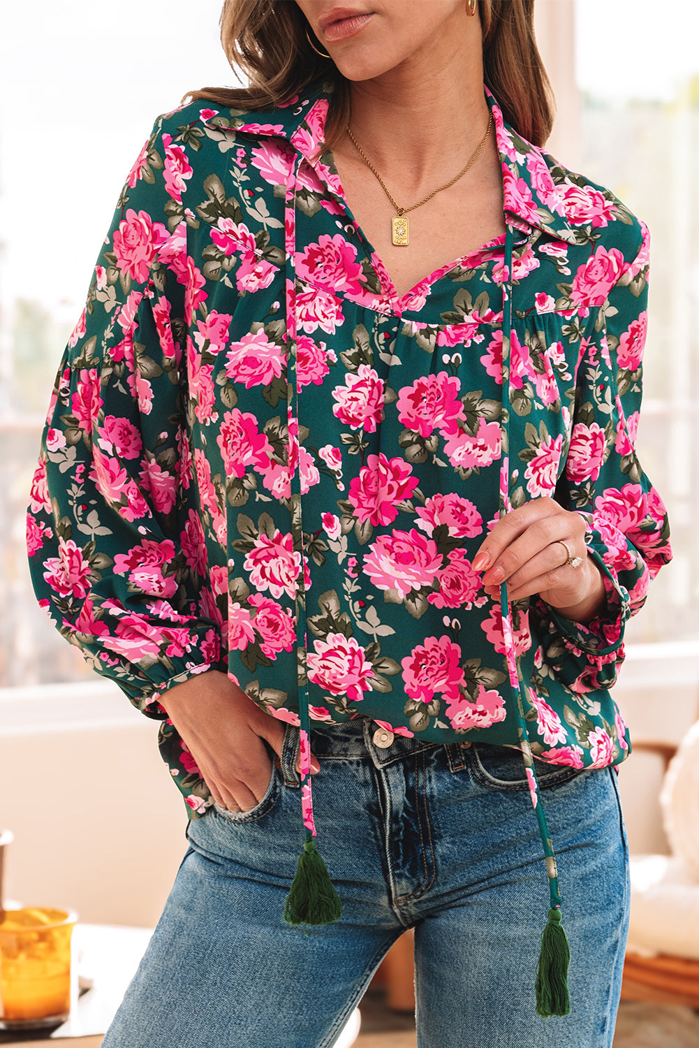 Green Floral Printed Tied Collar Puff Sleeve Blouse