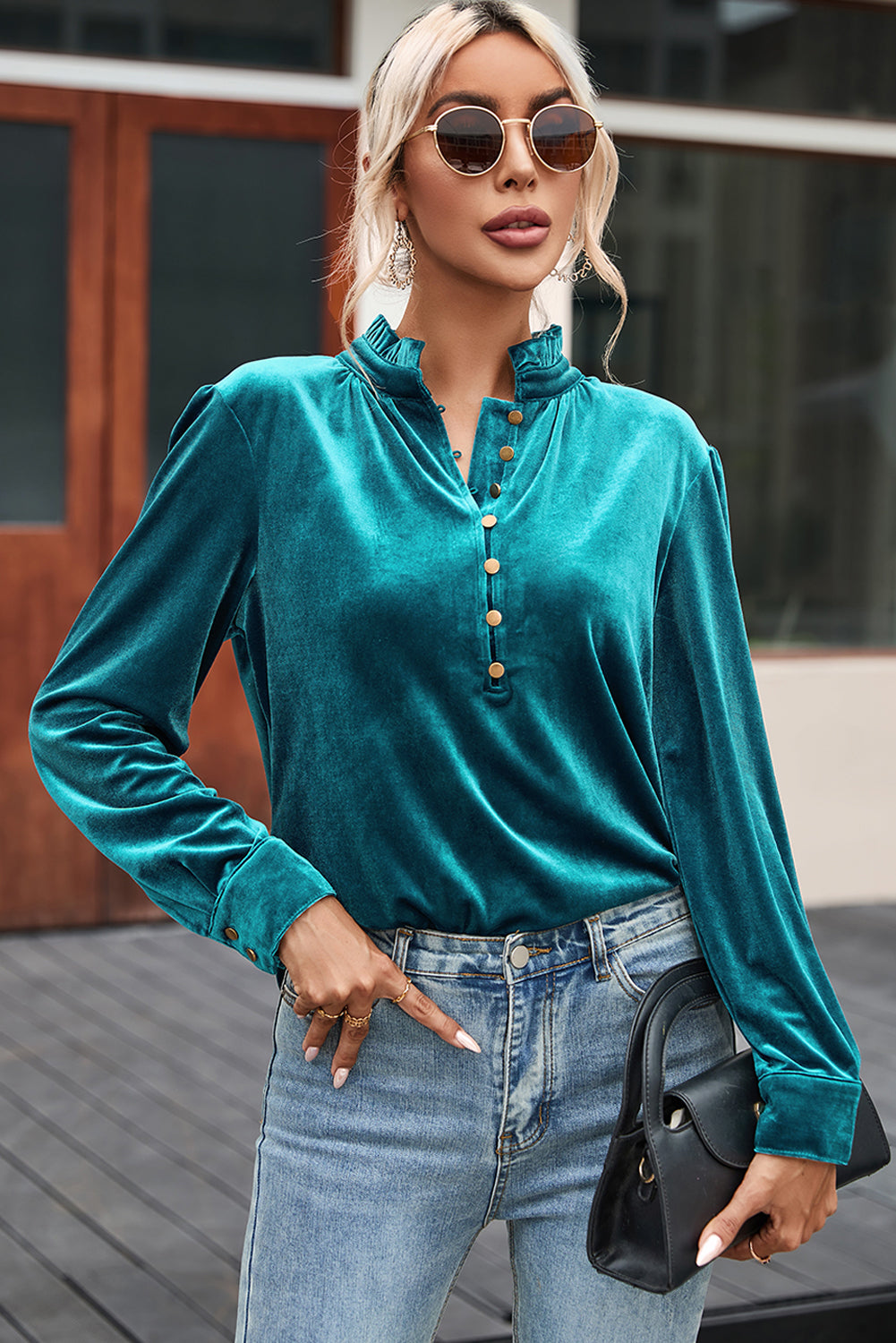 Navy Blue Frilled Neck Buttoned Front Velvet Top