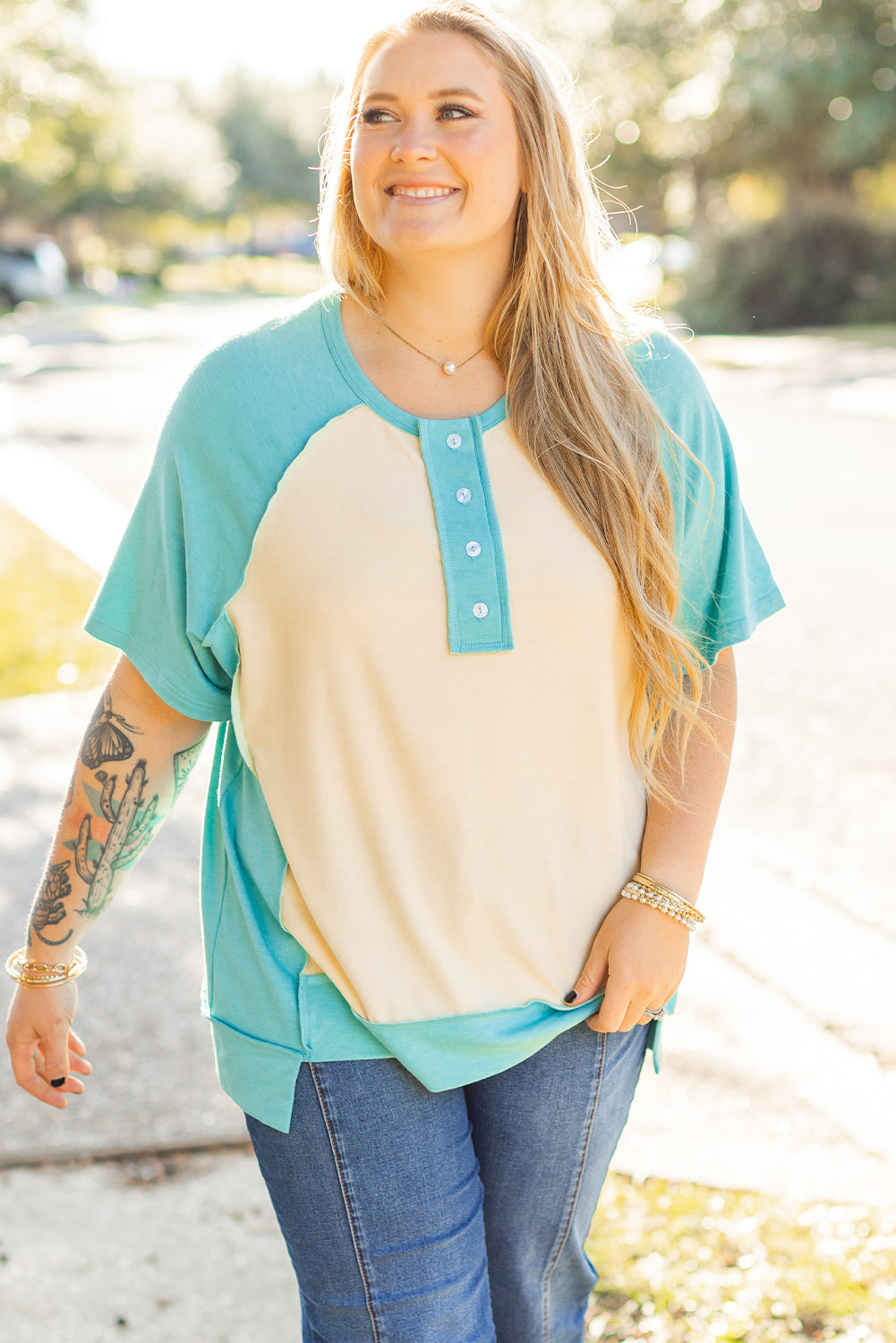 Mint Green Color Block Raglan Sleeve Buttoned Plus Size T Shirt