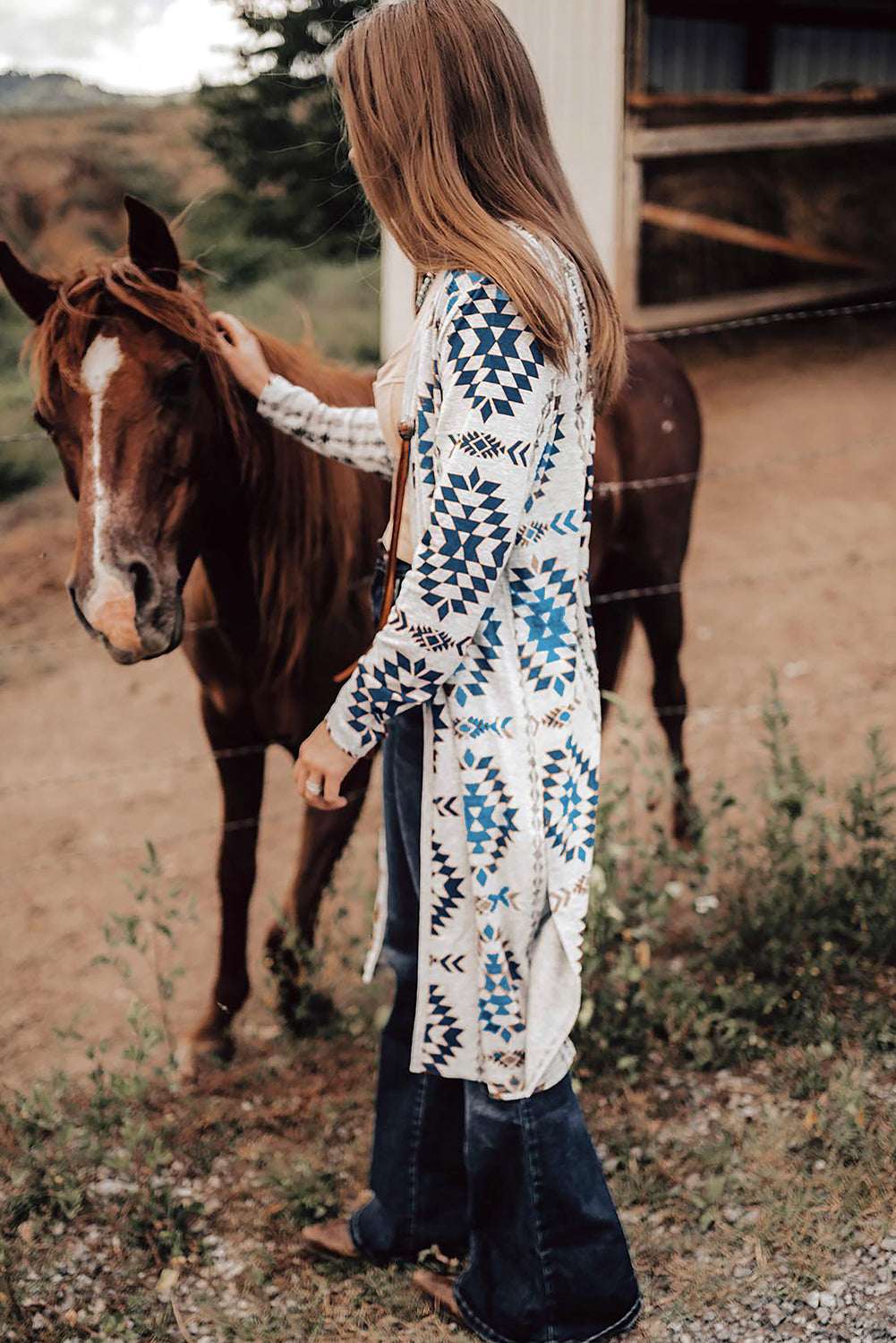 Brown Western Aztec Printed Open Front Long Cardigan