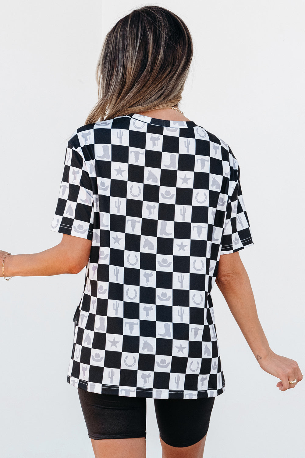 Black Western Fashion Checkerboard Print Side Split T Shirt