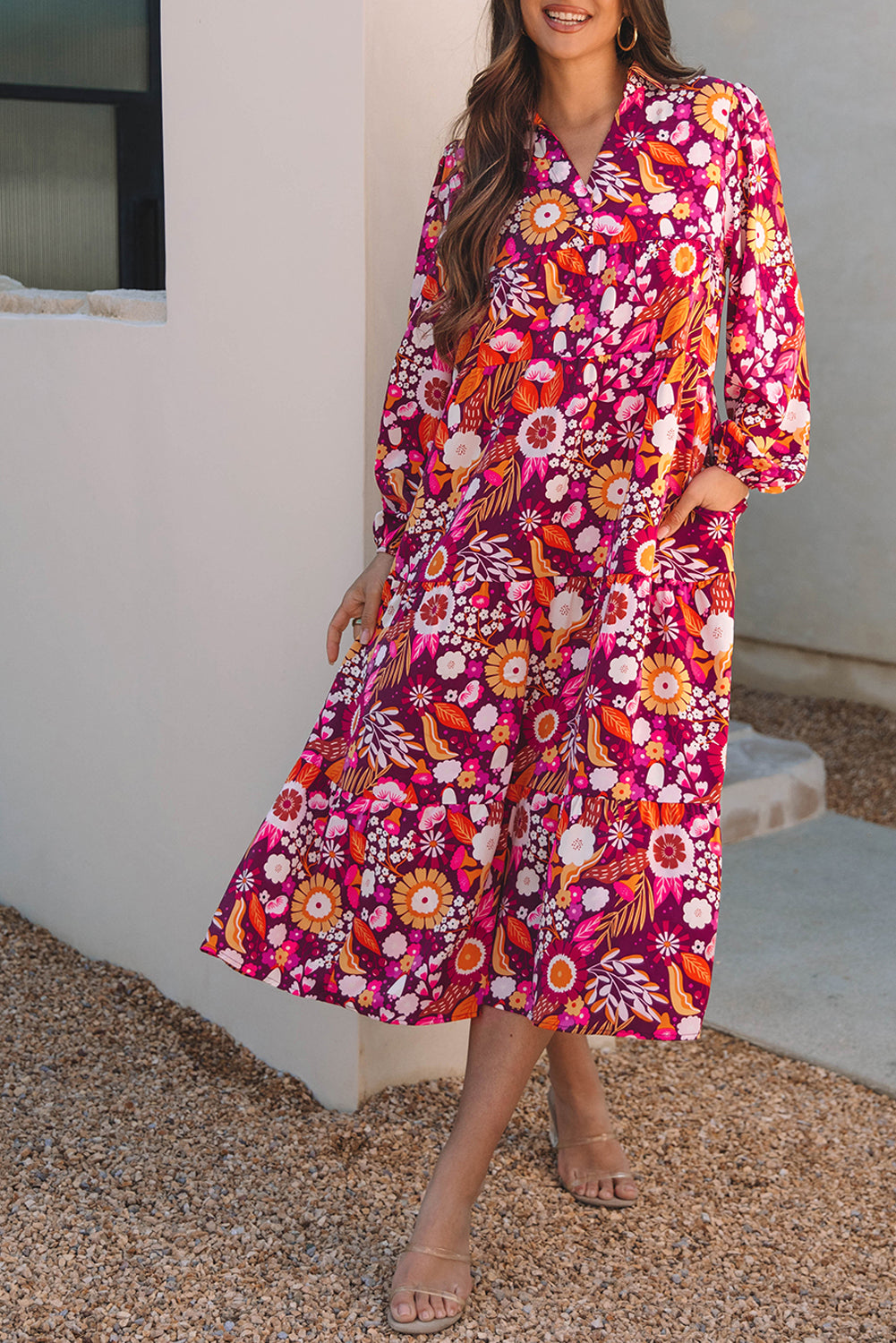 Blue Petal Collared Tiered Flowy Long Dress