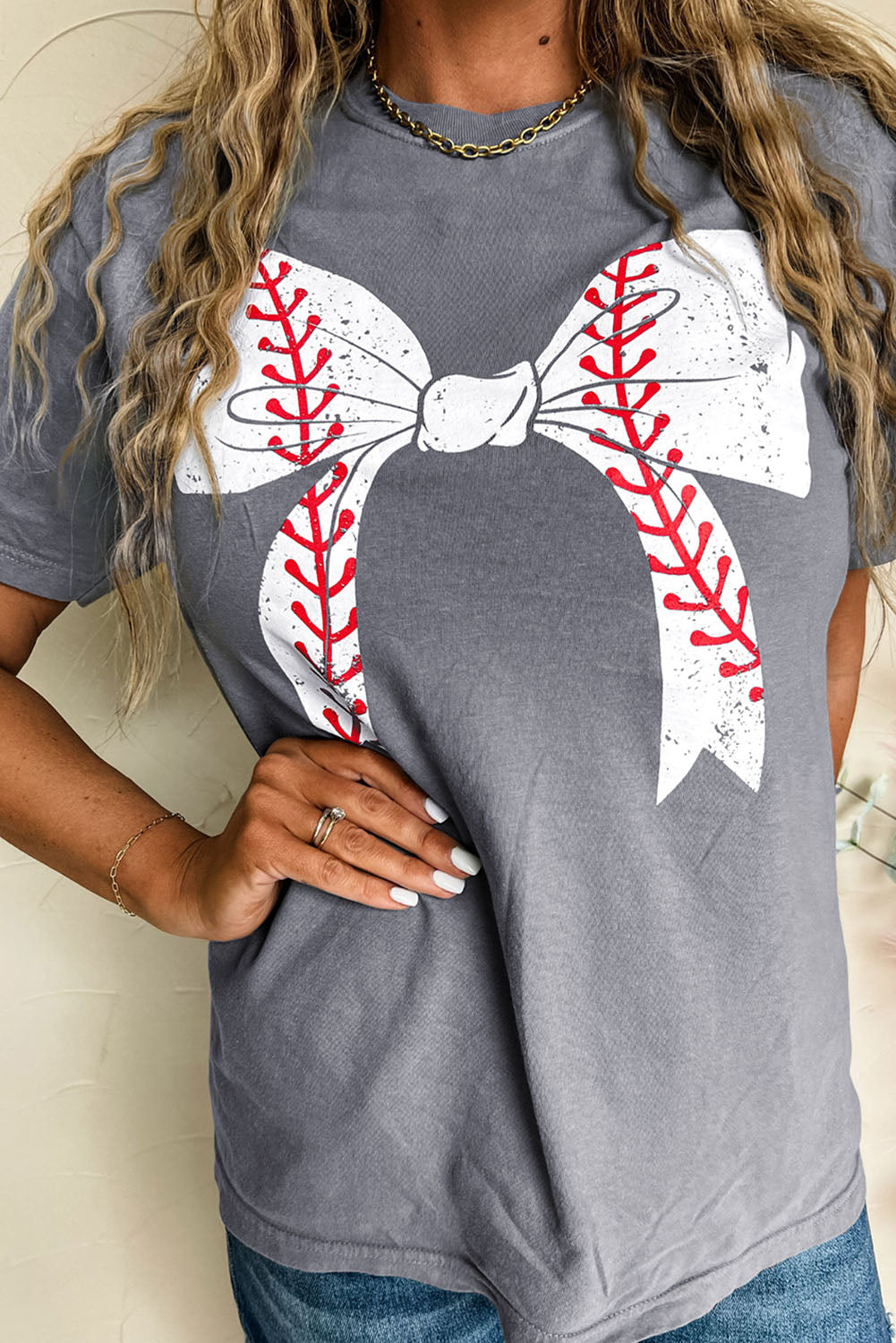 Gray Baseball Bowknot Graphic Casual Tee