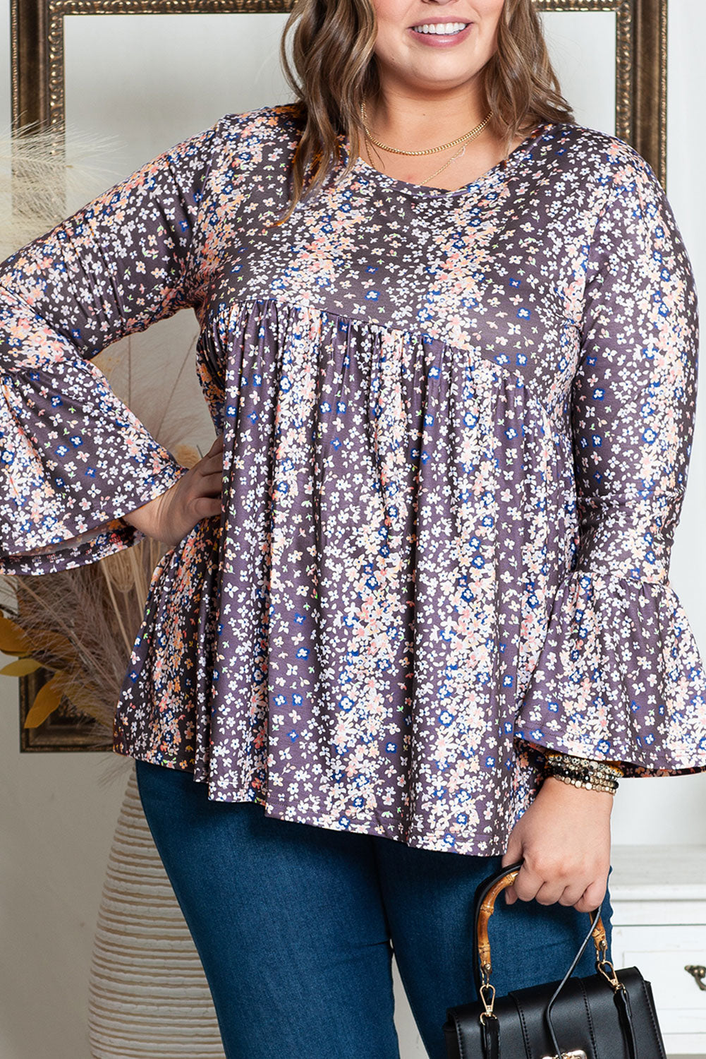 Purple Floral Print Round Neck Plus Size Babydoll Blouse