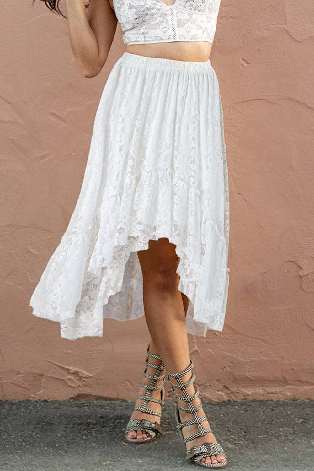 White Lace Ruffled High-low Hem Midi Skirt