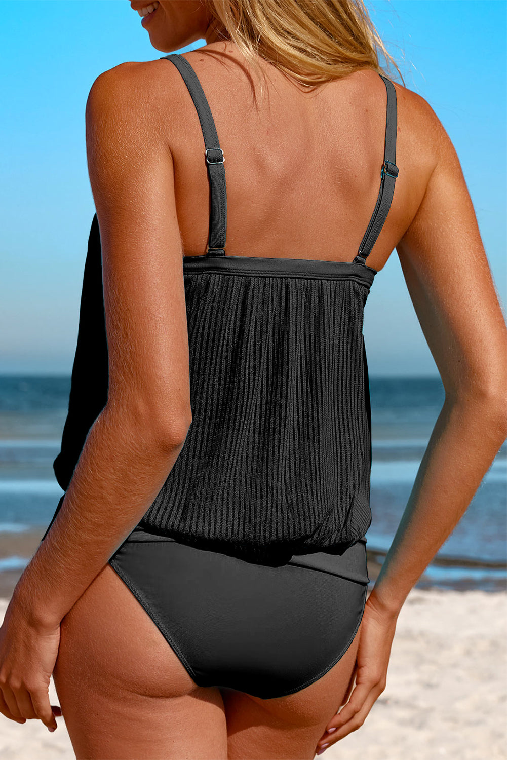 Turquoise Striped Mesh Knotted Hem Tankini Swimsuit