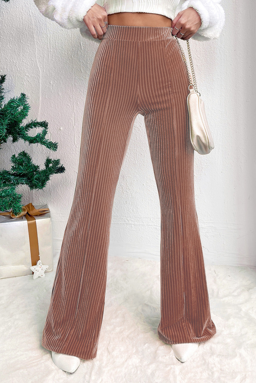 Chestnut Solid Color High Waist Flare Corduroy Pants