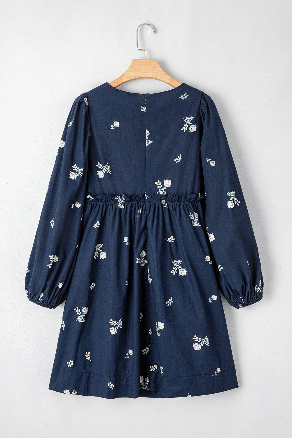 Blue Floral Embroidered Square Neck Puff Sleeve Ruffled Mini Dress