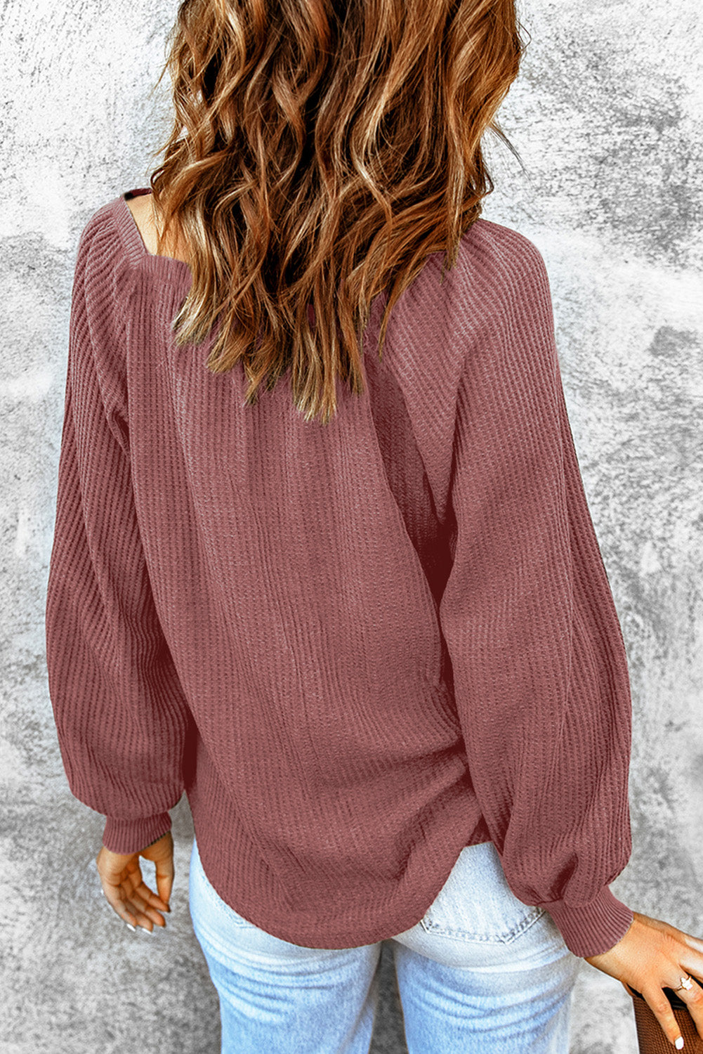 Square Neck Puff Sleeve Waffle Knit Top