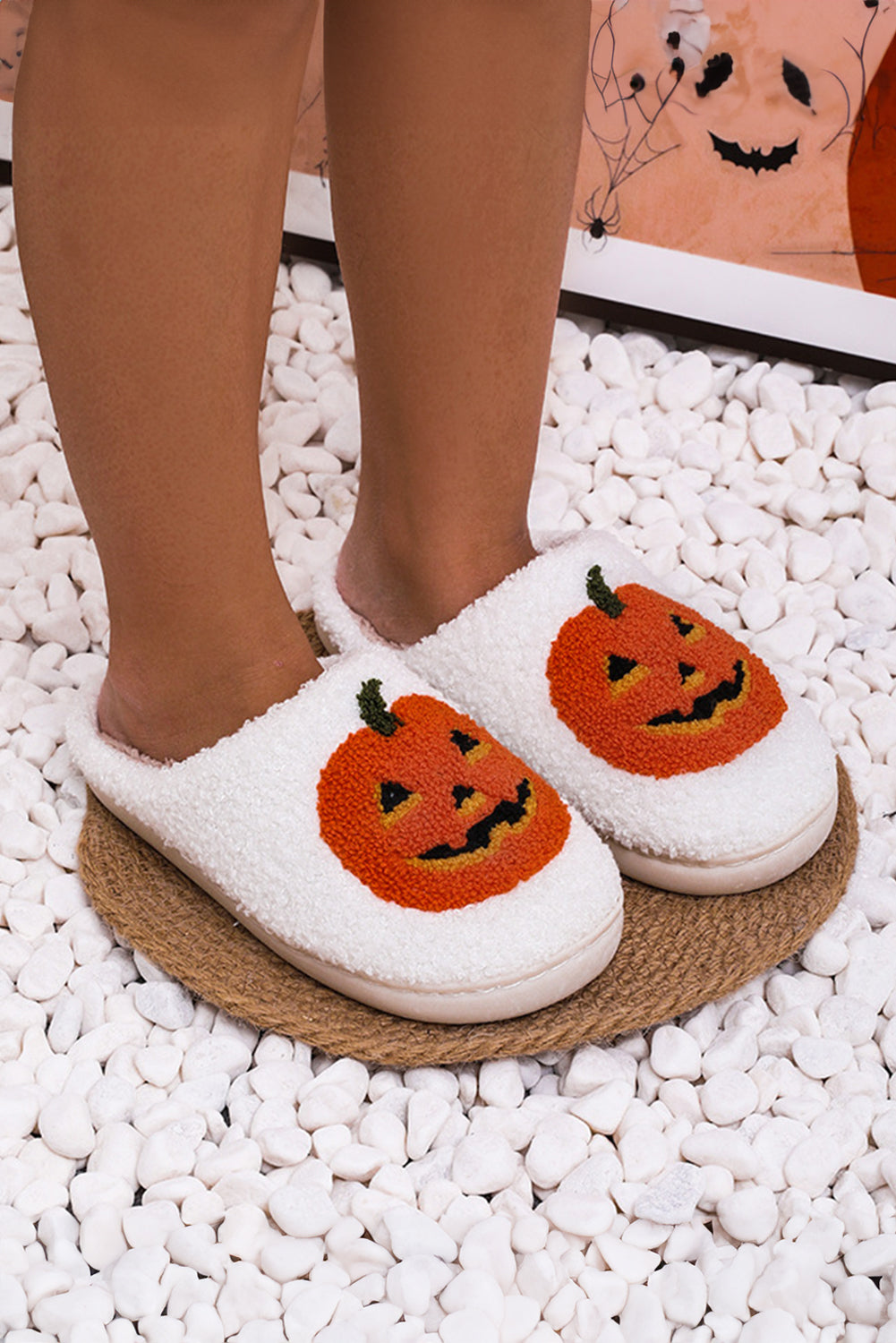 White Halloween Pumpkin Print Plush Slippers (Runs Small, Size Up)