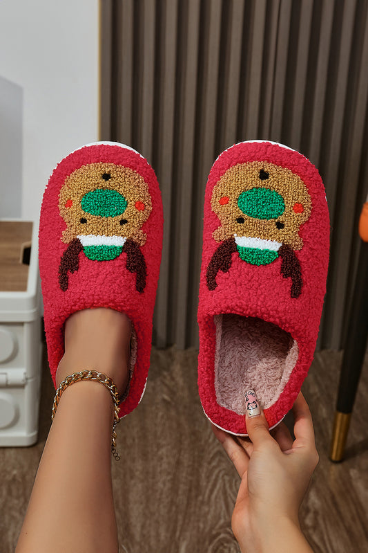 Fiery Red Christmas Reindeer Pattern Thick Sole Plush Slippers