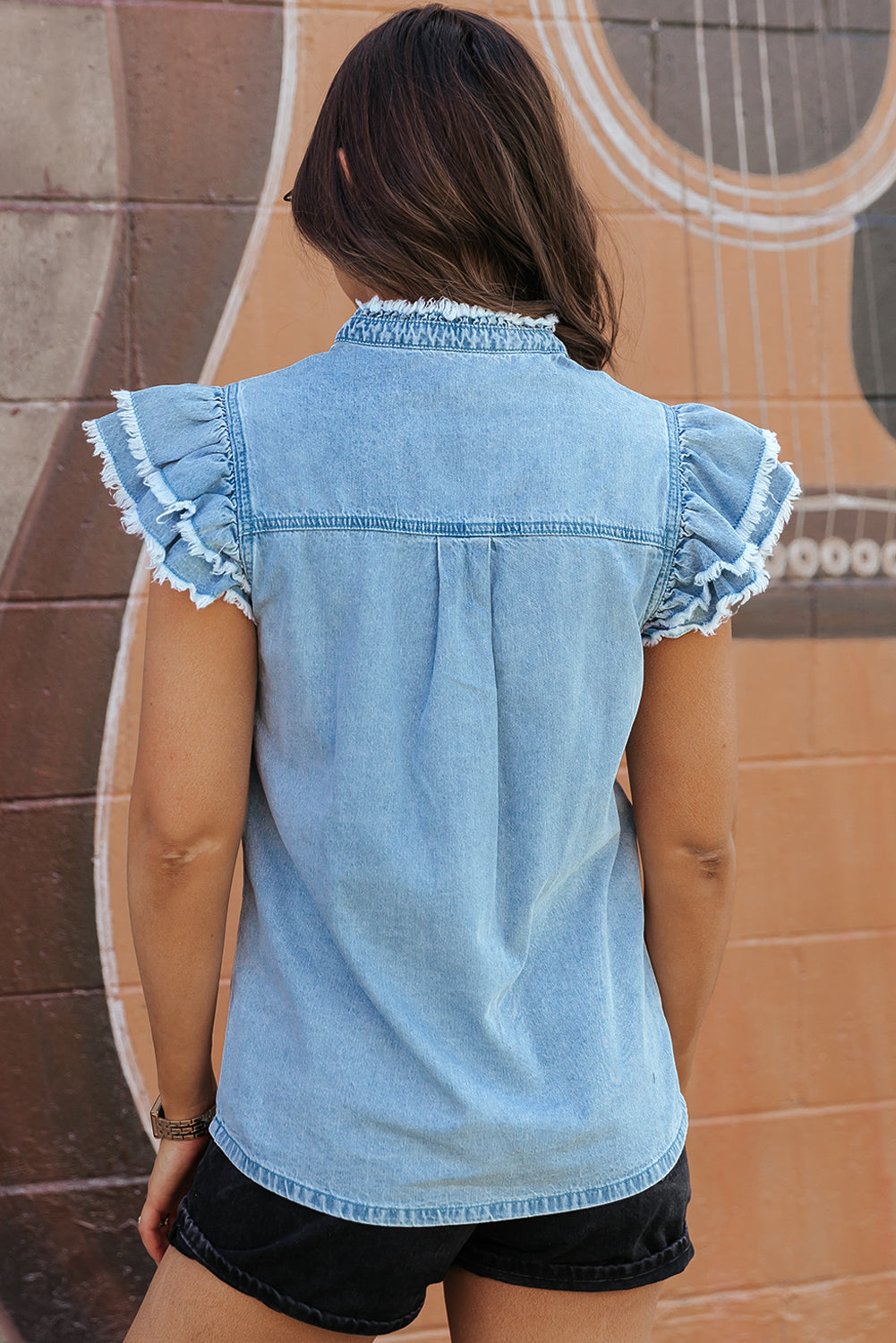 Black Button Front Ruffled Flutter Frayed Denim Top