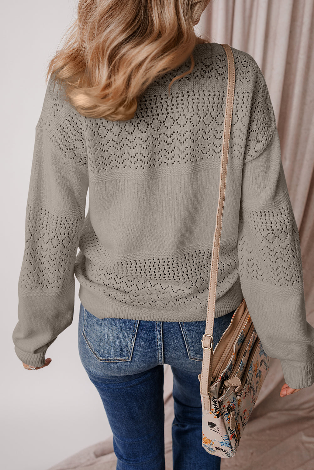 Black Eyelet Pattern Detail V Neck Drop Shoulder Sweater