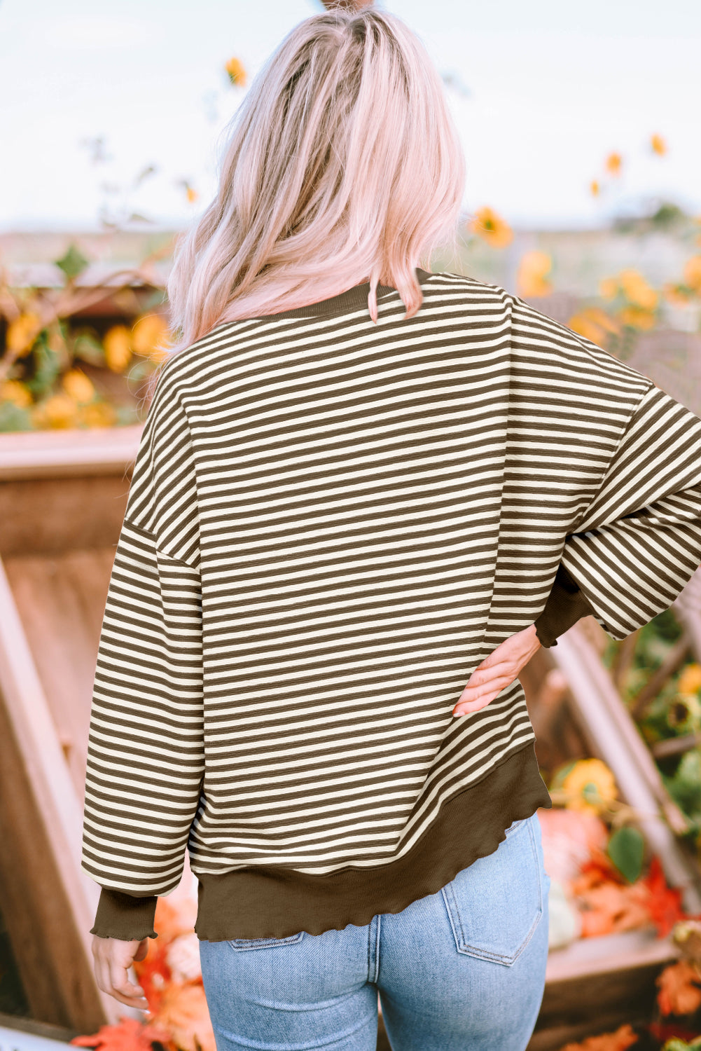 Pink Stripe Loose Drop Shoulder Long Sleeve Top