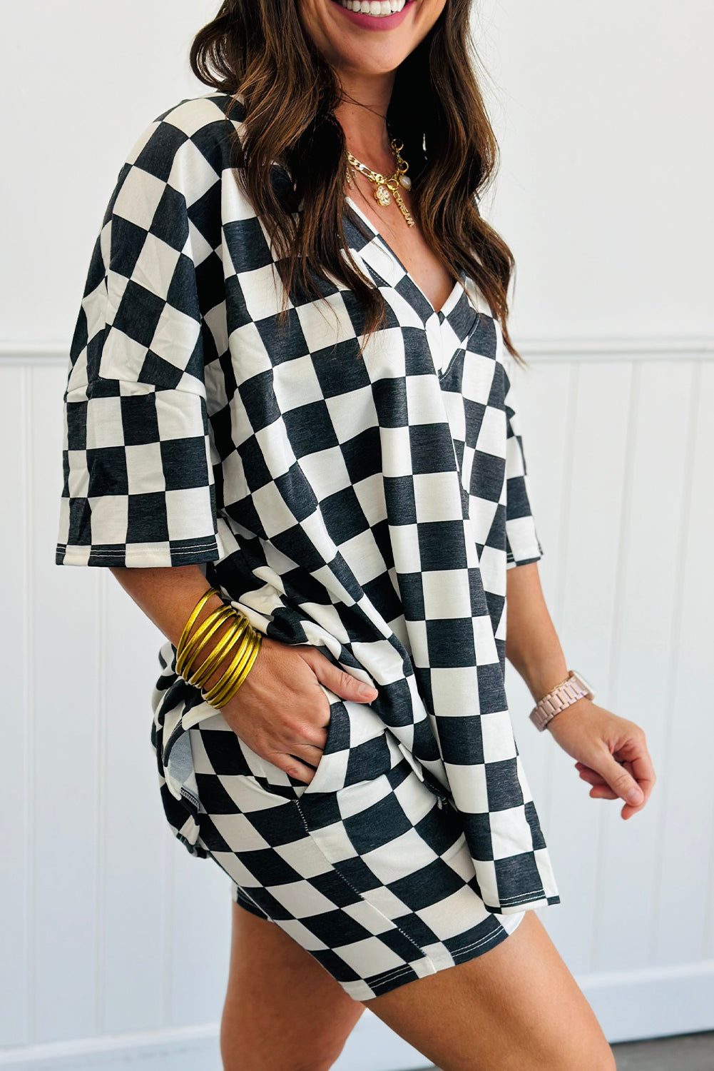 Black Checkered Pattern Tee and Shorts Plus Size Two Piece Set