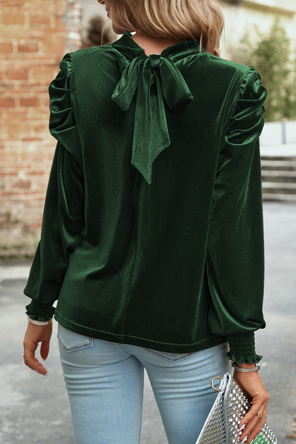 Blackish Green Mock Neck Puff Sleeve Velvet Blouse