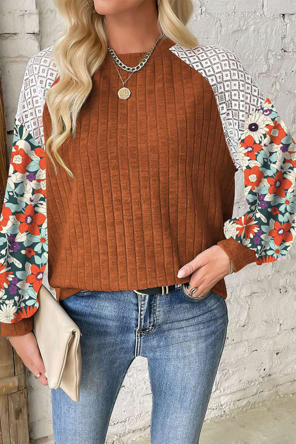 Parchment Floral Patchwork Long Sleeve Ribbed Blouse